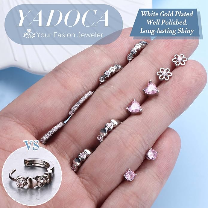YADOCA 𝟵𝟮𝟱 𝗦𝘁𝗲𝗿𝗹𝗶𝗻𝗴 𝗦𝗶𝗹𝘃𝗲𝗿 Earrings for Girls Women - Hypoallergenic Cute Kids Toddler Earrings - Cubic Zirconia Earrings Studs Hoop Set for Sensitive Ears
