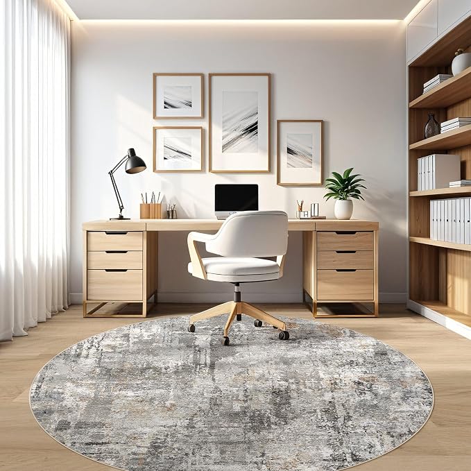 8ft Round Rug Living Room Rugs: 8x8 Washable Circle Large Abstract Modern Soft Stain Resistant Non-Slip Indoor Floor Carpet for Bedroom Nursery Office Dining Room Playroom Home House- Gray Rust