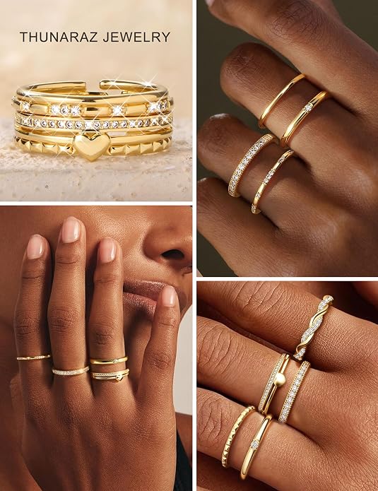 THUNARAZ Gold Stackable Rings for Women Non Tarnish Open Adjustable 14K Gold Plated Rings Trendy Stack Cubic Zirconia Thin Thumb Ring Set Minimalist Dainty Statement Band Ring