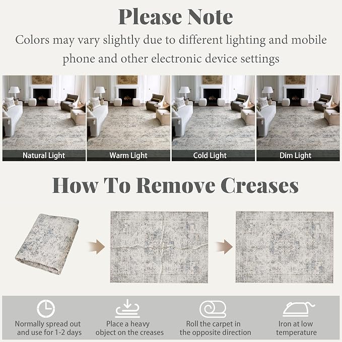Machine Washable Rugs for Living Room: 9x12 Area Rugs for Bedroom Ultra Soft Non-Slip Low Pile Vintage Distress Boho Large Carpet for High-Traffic Dining Room - Farmhouse Decor
