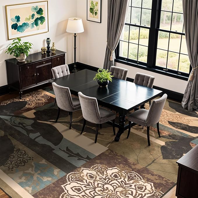 LIANLAM 9x12 Washable Area Rugs for Living Room and Bedroom(9x12,Leaf) | Non-Slip Large Carpet,Vintage Checkered Pattern, Stain Resistant Faux Wool Low Pile Soft Rug for Dining Room,Office,Nursery