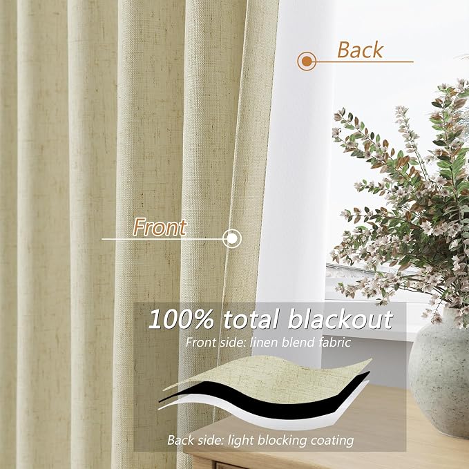 Guken Extra Long 100% Blackout Linen Curtains for Bedroom 108 inches Long, Thermal Insulated Room Darkening Black Out Drapes for Living Room, Back Tab Rod Pocket 2 Panels Set,Cream Yellow,52x108