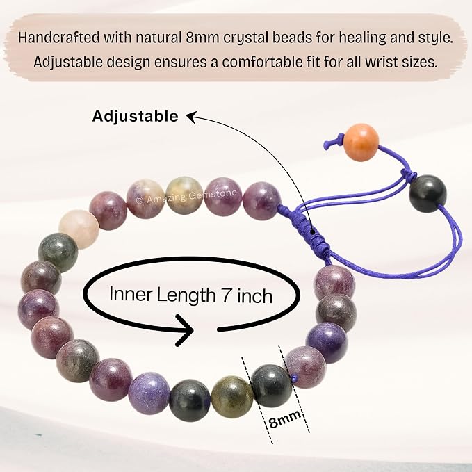 Amazing Gemstone Multi Tourmaline Bracelet for Women Men's Gifts - Protection Healing Crystal Bracelet - 8mm Gemstones Beaded Adjustable Bracelet Pulseras para Hombres Mujer Stocking Stuffers