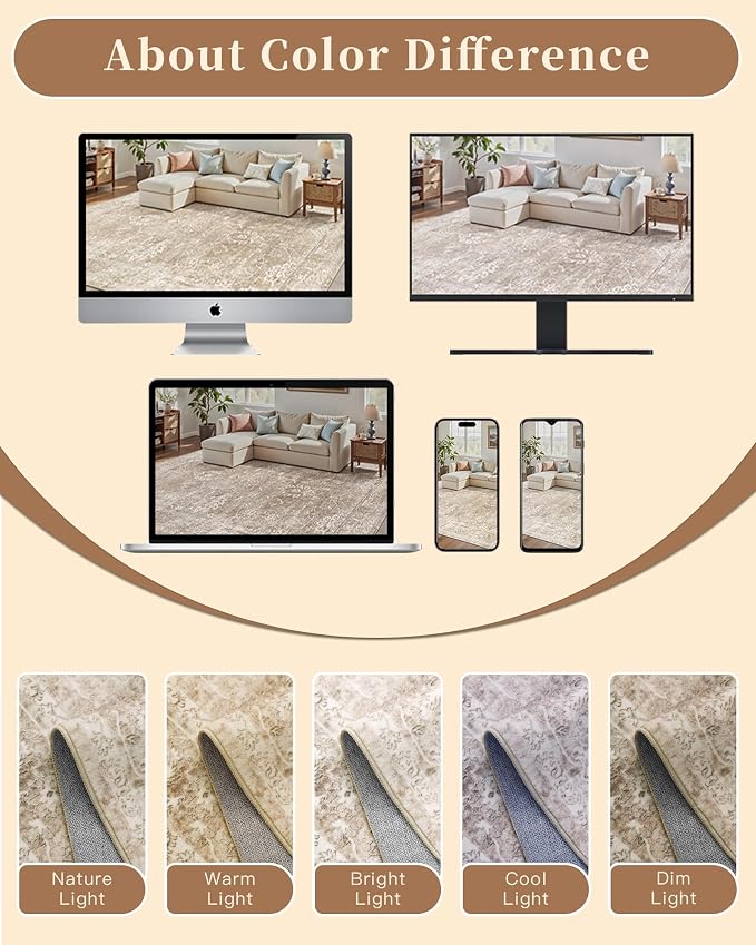 Madane Washable Round Rug 9ft for Living Room, Soft Ultra-Thin Non-Slip Vintage Floral Circle Area Rug, 9x9 Round Throw Carpet for Dining Room Nursery Bedroom Kitchen (Beige/Brown, 9'Round)