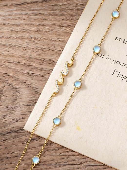 Wave/Dolphin Bracelet/Sea Turtles Anklet 925 Sterling Silver Adjustable Moonstone Bracelet/Anklet Summer Ocean Jewelry Gifts for Women