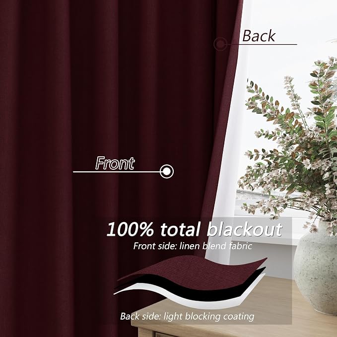 Guken 100% Blackout Curtains 120 Inch Length 2 Panels Set for Living Room Bedroom Back Tab Thermal Insulated Black Out Linen Drapes Room Darkening Window Curtains Burgundy 52x120
