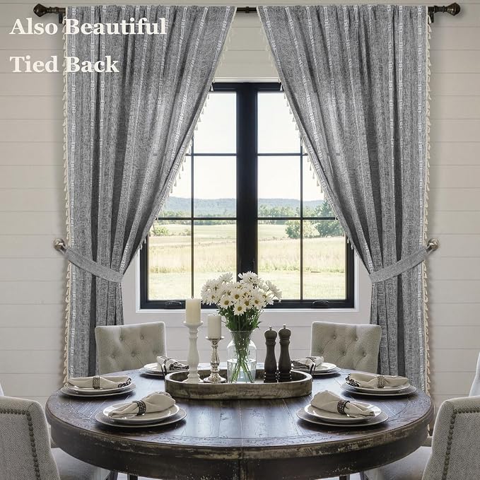 ColorBird Boho Curtains Linen-Textured for Bedroom Living Room Light Filtering 84 Inches Grey Farmhouse Curtains & Drapes Embroidered Striped for Closet Dining Dooraway Window Treatment