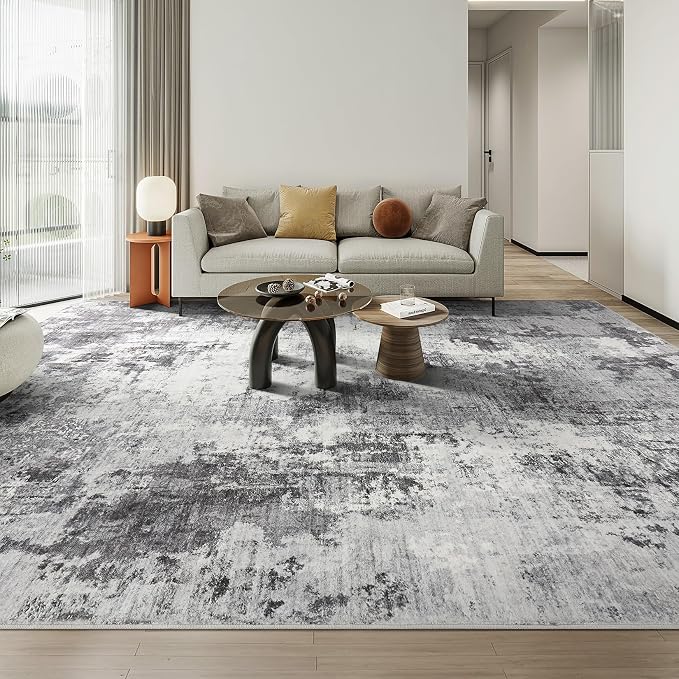Abstract 11x14 Area Rug: Machine Washable Non Slip Ultra Thin Low-Pile Carpet, Soft Stain Resistant for Living Dining Room Bedroom, Kid Pet Friendly, Robot Vacuum Compatible - Grey