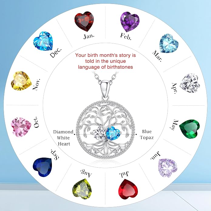 Mothers Day Gifts for Women，925 Sterling Silver Family Tree of Life Pendant Necklaces with 2 Heart Birthstone Jewelry Birthday Anniversary Christmas Gifts for Her Girlfriend Mom Wife Grandma Daughter