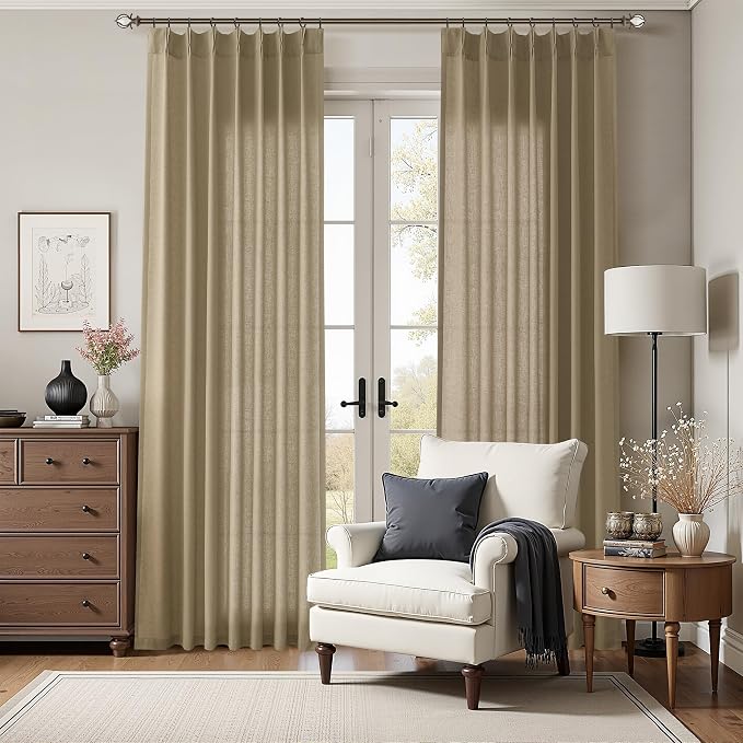 Aersas Linen Brown Pinch Pleated Linen Curtains 96 Inch Length 2 Panels for Living Room Bedroom Semi Sheer Window Curtain Boho Neutral Back Tab Pinch Pleat Drape with Hooks 40x96