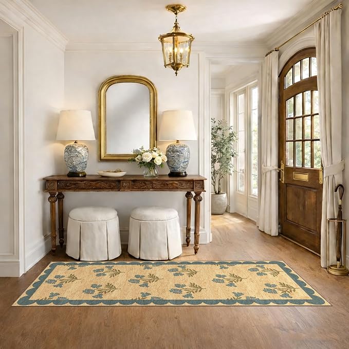 Non Slip Washable Kitchen Runner Rug - 2x6 Blue Floral Hallway Runner Rugs Soft Boho Runners for Hallways Jute-Look Farmhouse Scalloped Rugs for Bedroom Entryway Foyer Laundry Room Bathroom