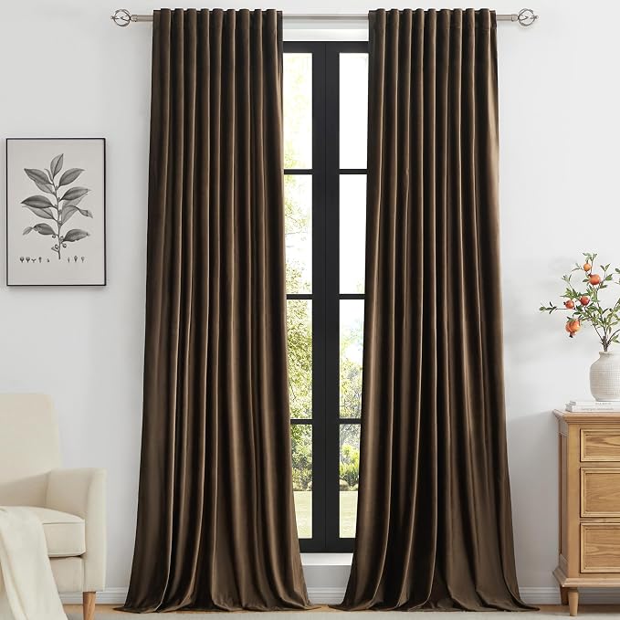 PRIMROSE Brown Polyester Velvet Curtains 102 inch Long for Living Room,Set of 2 Panels Blackout Rod Pocket Back Tab Window Treatment Room Darkening Heavy Decorative Curtains Drapes for Bedroom
