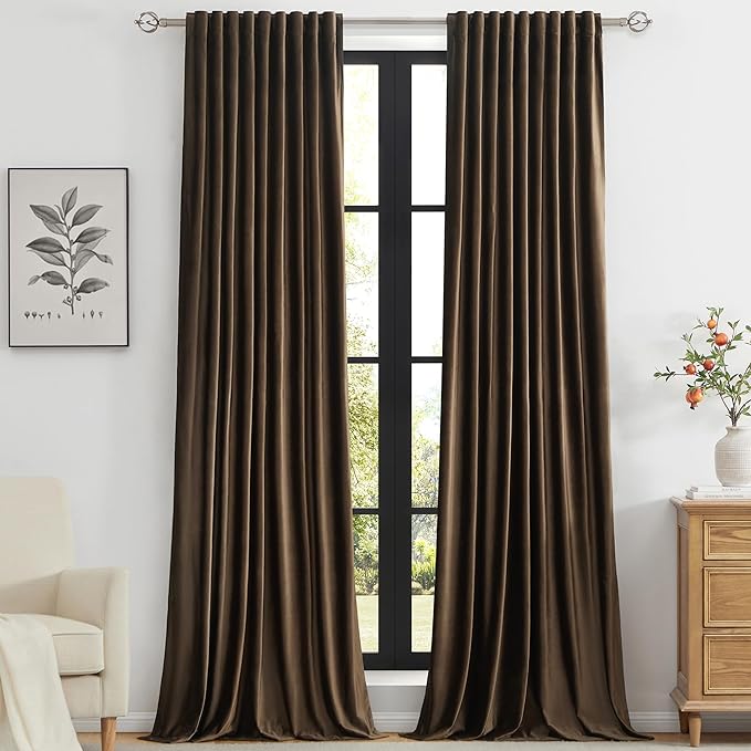 PRIMROSE Brown Velvet Curtains 72 inch Long for Living Room,Set of 2 Panels Blackout Rod Pocket Back Tab Window Treatment Room Darkening Heavy Decorative Curtains Drapes for Bedroom