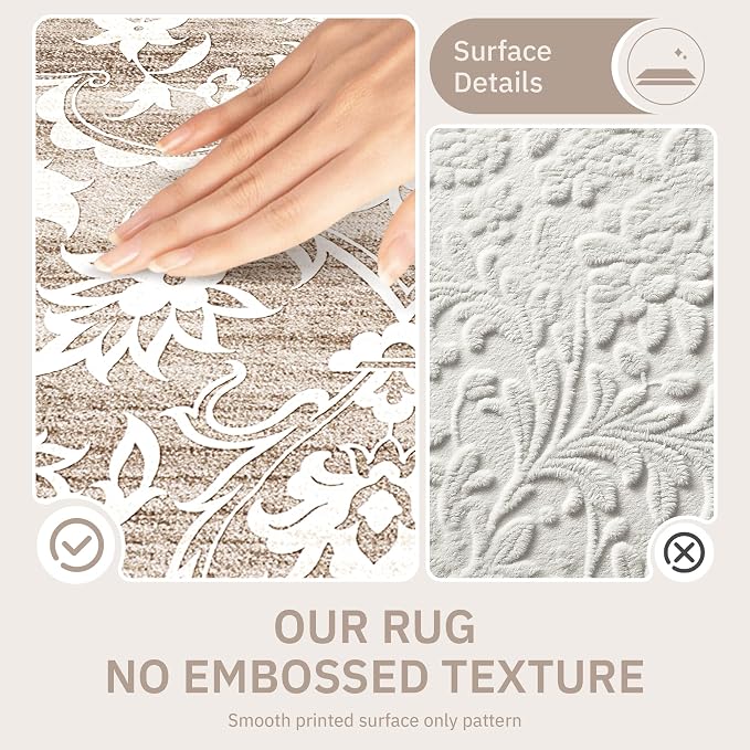 Soalmost Washable Round Rug 5ft for Living Room,Soft Circle Rug Light Brown | Vintage Floral Ultra-Thin Non-Slip 5x5 Round Throw Carpet for Entryway Nursery Bedroom Kitchen Dining Room 5'Round