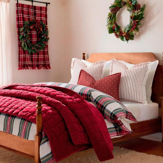 ZWJD Red Throw Pillow Covers 20x20 Set of 2 Striped Pillow Covers with Fringe Chic Cotton Decorative Pillows Square Cushion Covers for Sofa Couch Bed Living Room Farmhouse Decor