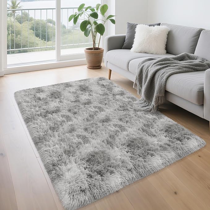 Soft Plush Fluffy Grey Rugs for Bedroom Living Room Carpet 3x5 Fuzzy Shaggy Area Rug Light Grey Tie Dye Kids Rug for Nursery Girls Room Teen Dorm Classroom Playroom Home Decor