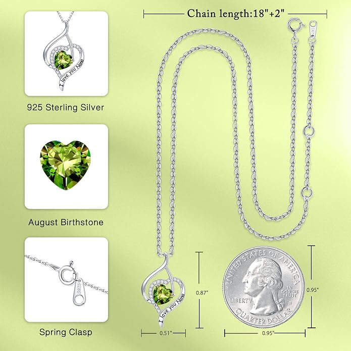Nana Gifts Sterling Silver Heart Birthstone Necklaces, I Love You Nana Gifts for Mothers, Grandma