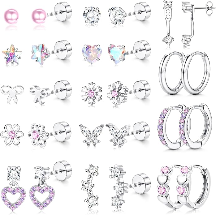 LOLIAS Hypoallergenic Flat Back Earrings for Women Girls-Surgical Stainless Steel Earrings for Sensitive Ears-Cute Flatback Stud Earring Set Small Hoops Cartilage Earring Stacks