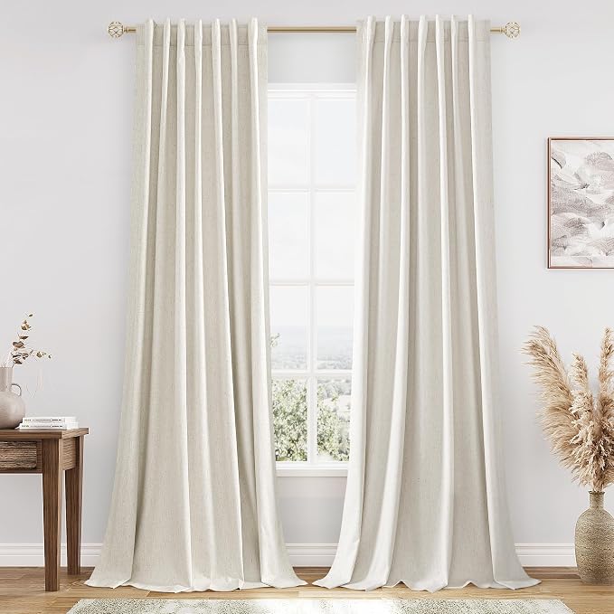 Extra Long 100% Blackout Linen Curtains for Bedroom 120 Inch Long 10 FT Natural Cream Black Out Curtain Back Tab Thermal Insulated Room Darkening Window Drapes for Living Room 2 Panels Beige Ivory
