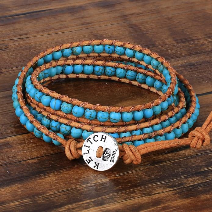 KELITCH Turquoise Beads Bracelets Leather 3 Wrap Bracelet Handmade Women Heart Jewelry