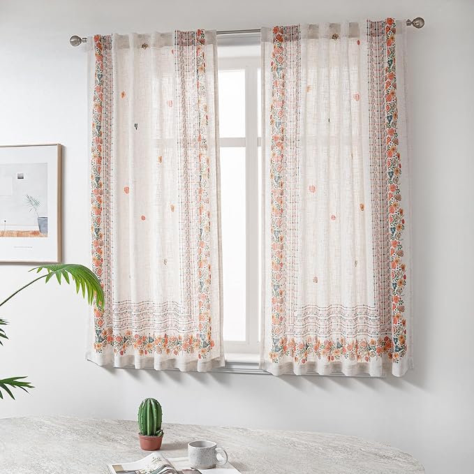 MYSKY HOME Boho Floral Curtains for Bedroom Linen Blended Semi Sheer Flower Curtains & Drapes 72 Inches Length 2 Panels Farmhouse Room Decor Style Back Tab for Dining Room, Yellow, 50" x 72"