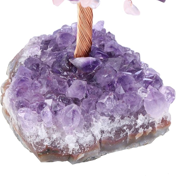 Jovivi Natural Amethyst + Clear Quartz + Rose Quartz Healing Crystal Money Tree on Amethyst Cluster Geode Druzy Base Feng Shui Crystals for Home Office Desk Decorations, Wealth, Good Luck