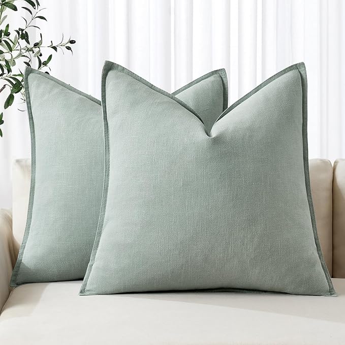 MIULEE Decorative Linen Pillow Covers 18x18 Inch Aqua Green | Boho Farmhouse Neutral Couch Throw Pillows for Bed, Pack of 2 Accent Modern Pillowcases, Sofa Livingroom Home Decor