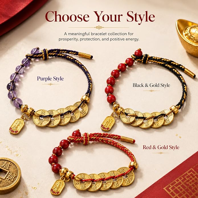 Feng Shui Bracelet with Five Emperor Coins, Beads Amulet for Wealth & Good Luck, Spiritual Protection Jewelry, Adjustable Ha