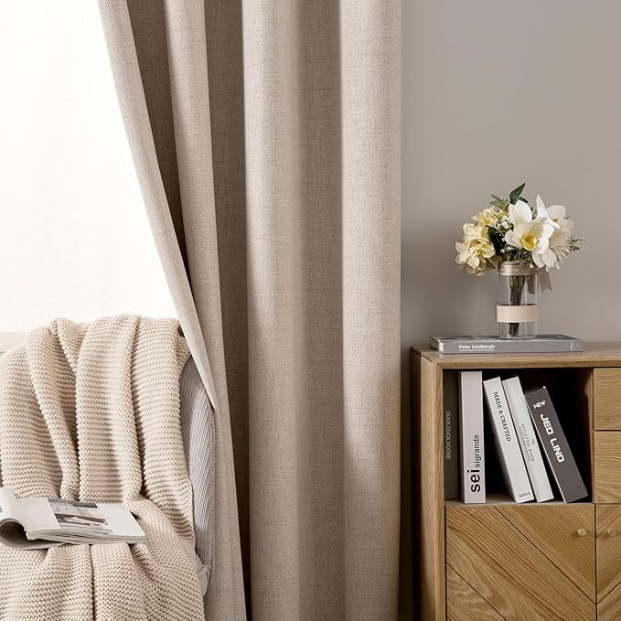 MIULEE 100% Blackout Linen Textured Curtains for Bedroom Solid Thermal Insulated Natural Beige Grommet Room Darkening Curtains & Drapes Luxury Decor for Living Room 52 x 98 Inch (2 Panels)
