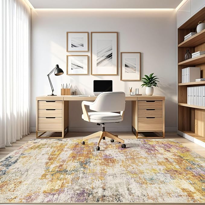4x6 Area Rug Living Room: Machine Washable Large Abstract Modern Soft Rug Stain Resistant Indoor Floor Non-Slip Accent Carpet for Bedroom Nursery Playroom Office Dining Room Dorm- Gold Colorful