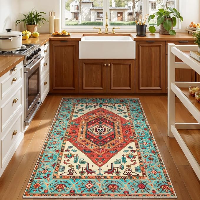 SERISSA Boho Area Rugs for Entryway, 3x4 Washable Non-Slip Kitchen Rug, Ultra Soft Print Distressed Orange Rug Low-Pile Throw Door Mat Indoor Entrance Carpet for Bedroom Living Room Dorm Decor