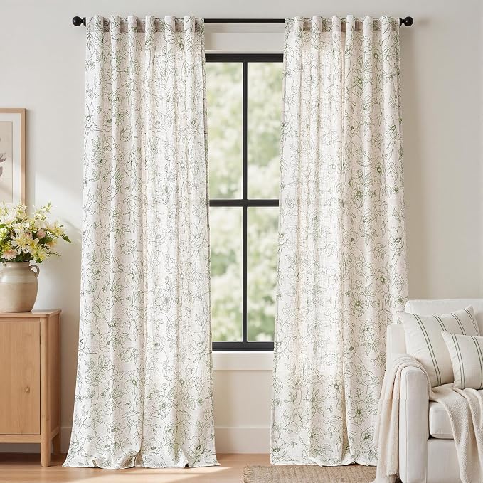 jinchan Floral Linen Curtains for Living Room 96 Inch Length Green Flower Curtain Rod Pocket Back Tab Farmhouse Curtains with Printed Floral Bedroom Window Curtain Set, 2 Panels Green