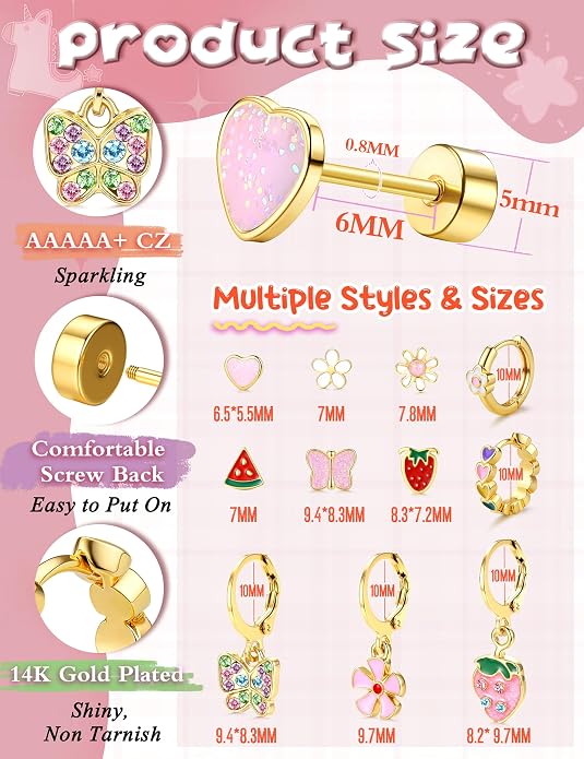 YADOCA 11 Pairs Hypoallergenic Earrings for Girls Women Surgical Steel Flat Back Stud Earrings Dangle Huggie Hoop Cute Heart Butterfly Flower Strawberry Screwback Earring Set Toddler Jewelry Gift