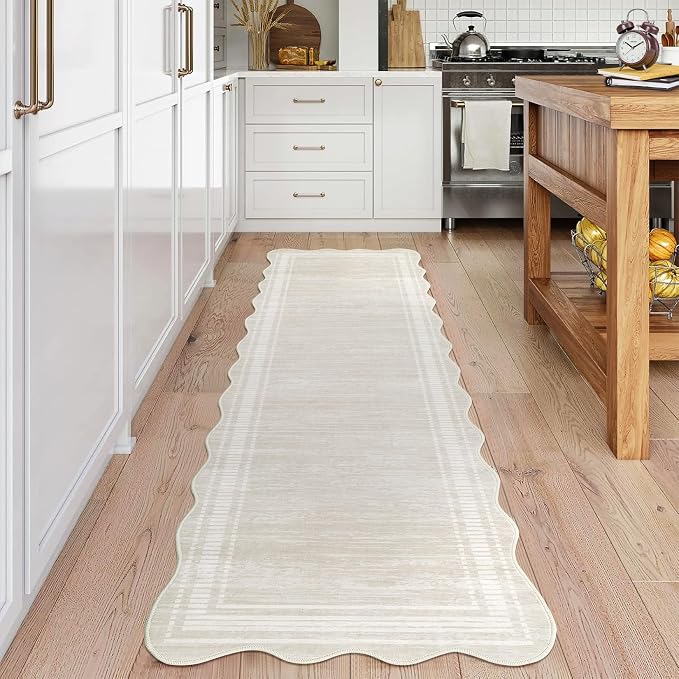 Garvee Washable Runner Rug 2x8 Scalloped Bathroom Rug Non-Slip Runner Rugs for Kitchen Bathroom Laundry Room Solid Floor Carpet Runners for Hallway Entryway, Beige | Modern Long Runner Rug for Entryway Bedroom, Non Slip Low Pile Solid Runner Rugs for E...