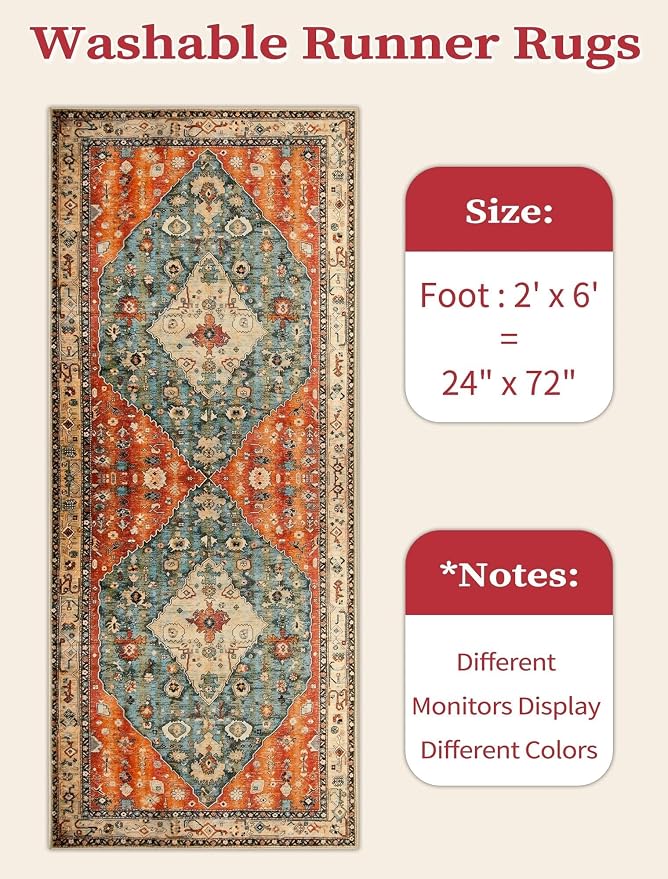 SERISSA Boho Washable Runner Rug, 2x6 Rug Non-Slip Tribal Hallway Kitchen Runner Rug Ultra Soft Print Distressed Vintage Floor Carpet for Bedroom Bathroom Laundry Living Room
