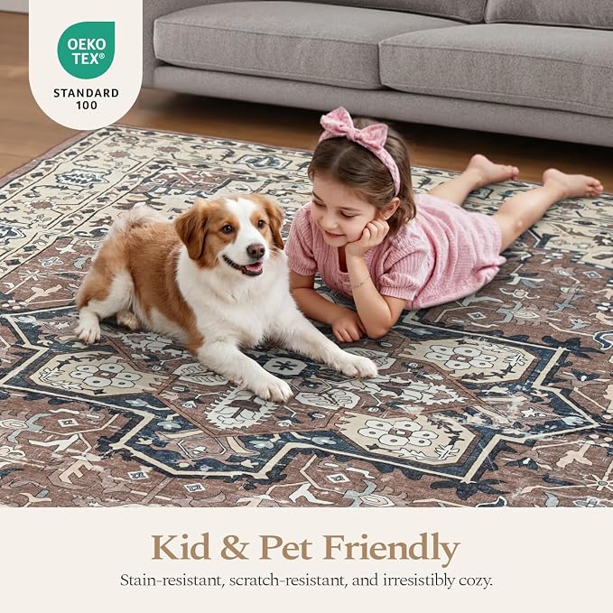 Rugflix 8x10 Area Rugs for Living Room, Washable Rug, Soft Low Pile Carpet, Non-Slip, Stain Resistant, Vintage Area Rug, Brown Beige Rug for Bedroom, Dining Room, Home Office