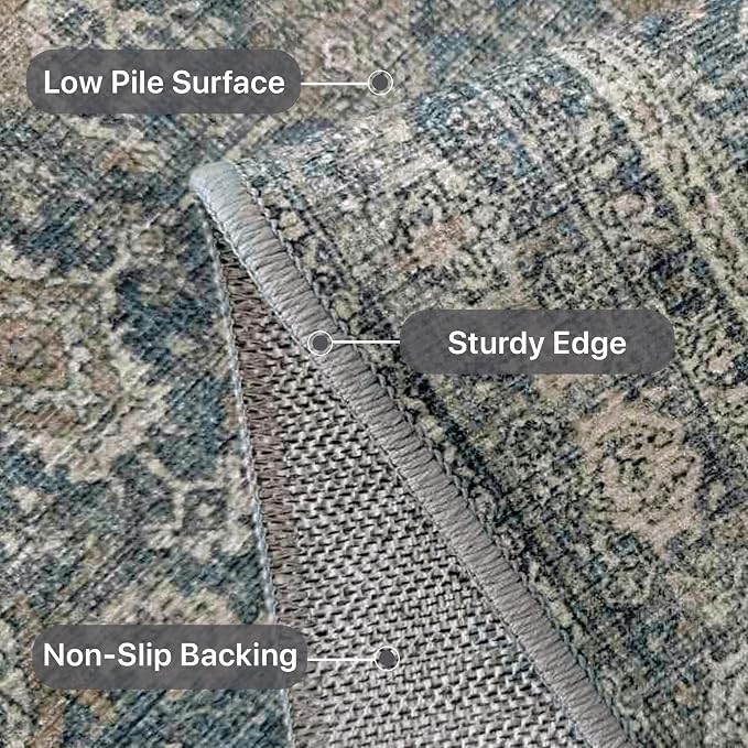 BESBLEE 3X5 Area Rugs Machine Washable Rugs for Living Room, Vintage Boho Large Rugs for Bedroom Dining Room, Non Slip Indoor Soft Distressed Lightweight Thin Low Pile Carpet, Deep