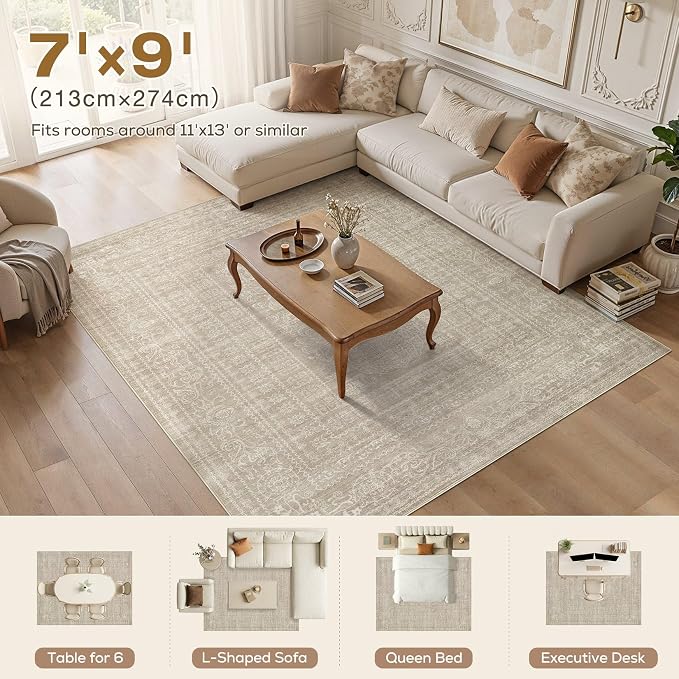 Nakagishi 7x9 Area Rugs Living Room: Washable Large Vintage Rug Neutral Non-Slip Soft Stain Resistant Indoor Carpet for Bedroom Nursery Dining Room Office Playroom - Brown