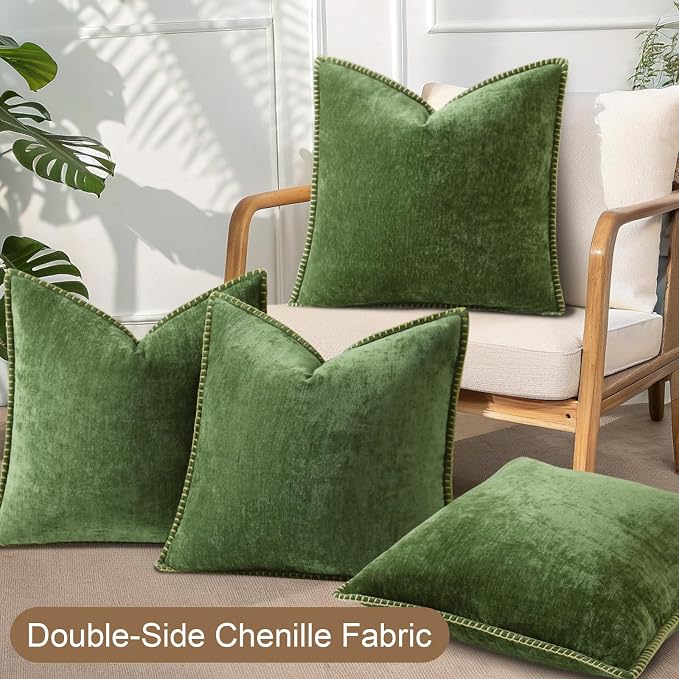 decorUhome Fall Soft Decorative Chenille Throw Pillow Covers 20x20 Set of 4 | Moss Green Cozy Decorative Modern Farmhouse Neutral Pillow Cases with Stitched Edge for Couch Sofa Bed Living Room Home Decor