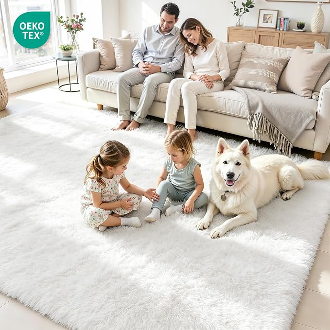 8x10 Area Rug for Living Room, Ultra Soft Fluffy White Rugs for Bedroom, Non Slip Large Shag Carpet, Fuzzy Plush Nursery Rug, Thick Washable Indoor Floor Carpets for Kids Office Dorm Home Decor