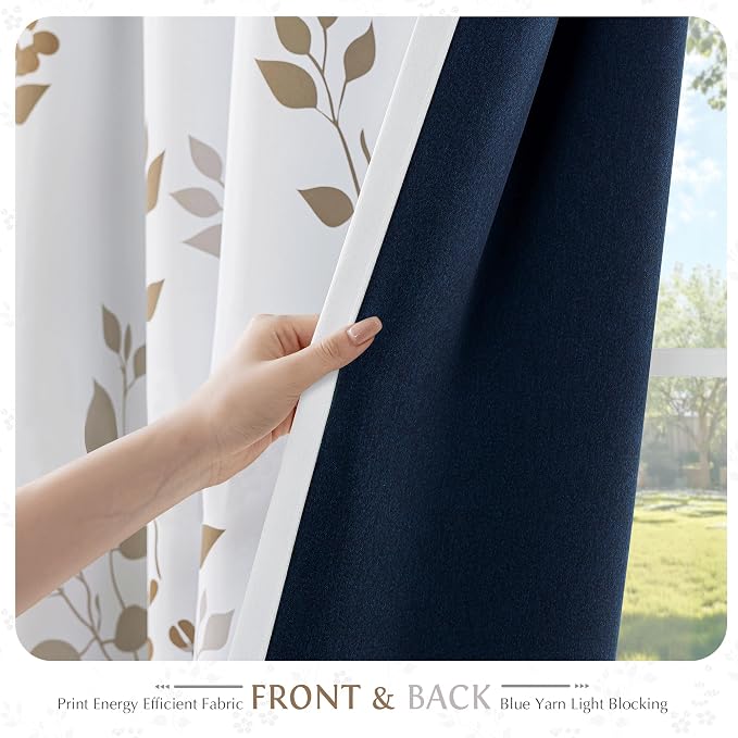 Beauoop Floral 100% Blackout Curtains for Bedroom Tan Brown 52X90 2 Panels | Flower Patterned Brown White Room Darkening Drapes for Living Room Thermal Insulated Soundproof Window treatment Grommet