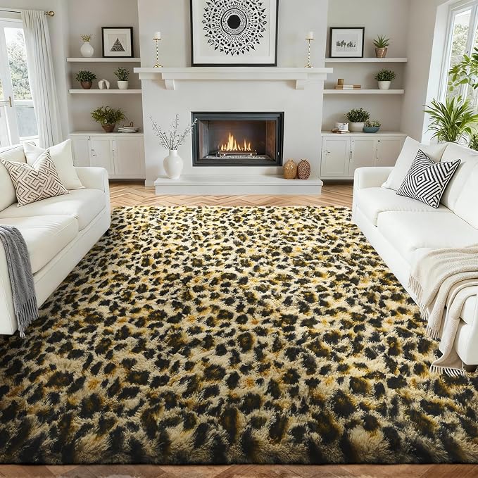 Ophanie 6x9 Leopard Rugs for Bedroom Living Room, Cheetah Print Rug Fluffy Shag Large Fuzzy Plush Soft Throw,Large Shaggy Floor Faux Animal Throw Carpets,Decor Aesthetic with Over 99 pcs Pile fibers