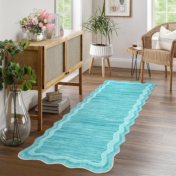Garvee Washable Runner Rug 2x6 Scalloped Rugs for Bathroom Modern Kitchen Hallway Rugs Stain-Resistant Non-Slip Solid Rug Soft Scalloped Entryway Carpet Runner for Bathroom Laundry Bedside(Teal,2x6ft) | Modern Long Runner Rug for Entryway Bedroom, Non ...