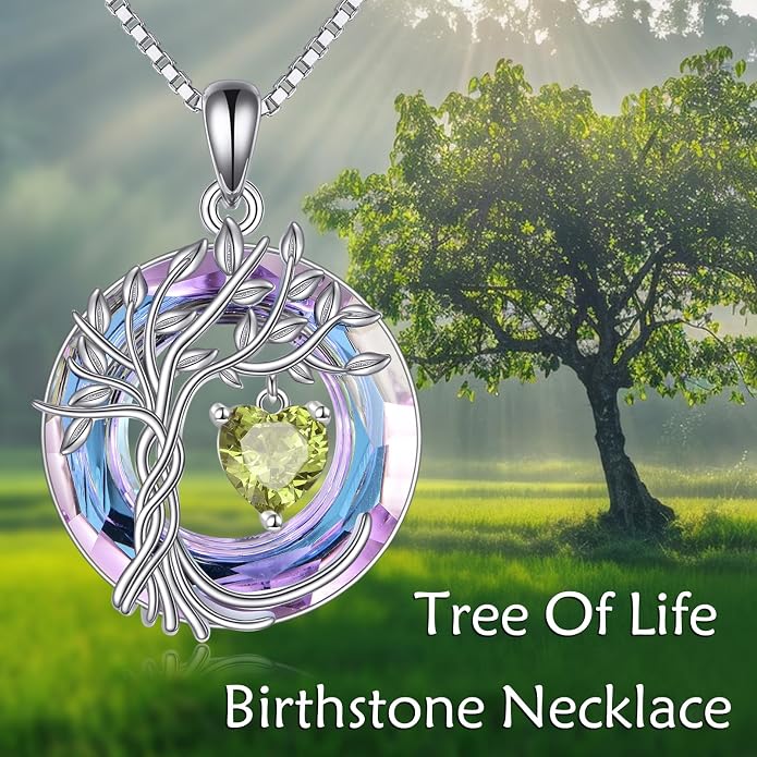 POPLYKE Mothers Day Gifts for Mom Her Wife Tree of Life Necklace 925 Sterling Silver Birthstone Pendant with Crystal Anniversary Birthday Wedding Jewelry for Women