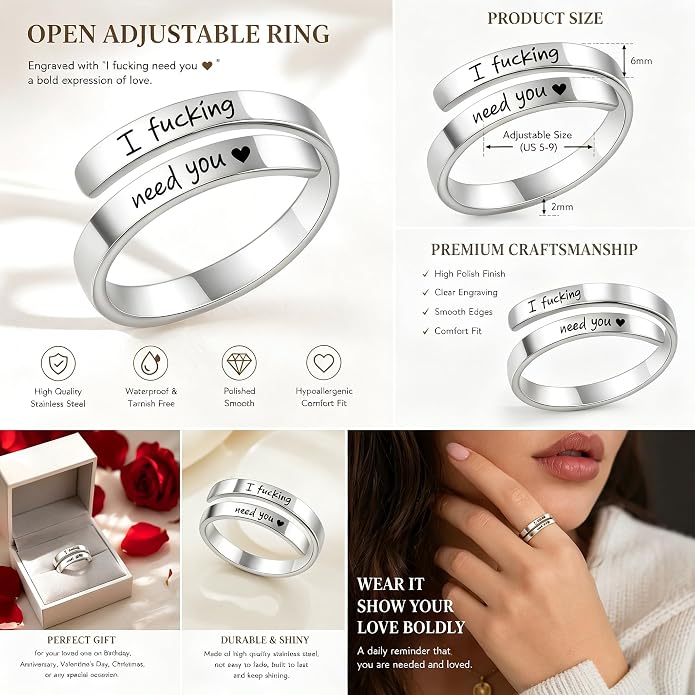 I Fcking Love You Ring, Stainless Steel Engraved Inspirational Words Heart Open Adults Women Vintage Promise Rings Lover Wife Jewelry