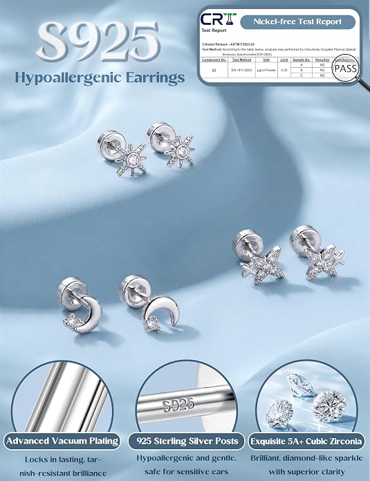 ORAZIO 925 Sterling Silver Flat Back Stud Earrings for Women Hypoallergenic 14K Gold Plated Cartilage Earrings for Sensitive Ears Small CZ Opal Conch Helix Tragus Piercing Jewelry 3 Pairs 20G