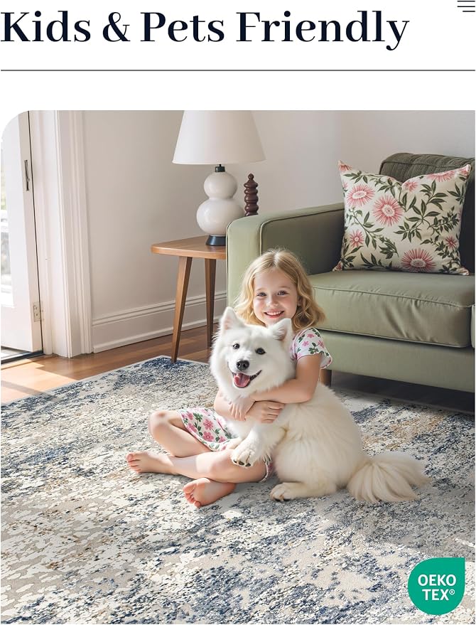 Art&Tuft Washable Rugs 5x7 - Anti-Slip Backing 5x7 Area Rugs for Living Room, Foldable Abstract Washable Area Rug(5'x7', Blue)
