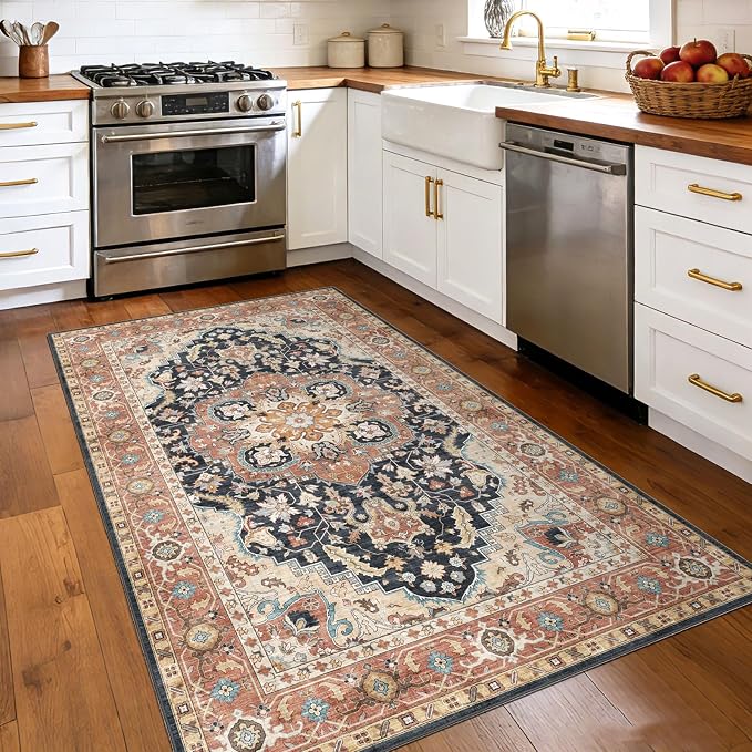 LUXRUG 3x5 Entry Rug - Small Washable Entryway Rug Non-Slip Farmhouse Terracotta Black Oriental Kitchen Rug Low Pile Medallion Carpet Throw Rugs for Living Room Bedroom Bathroom Entrance Mudroom Foyer