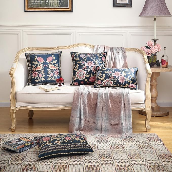patdrea Designer French Velvet Throw Pillow Cover,Set of 4,-Oldgarden | Elegant Lumbar Pillow Case,Navy Blue Floral Pattern,Decorative Cushion Coverfor Couch Living Room Bedroom Sofa