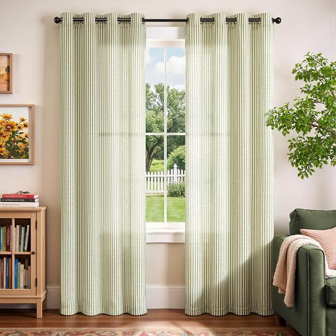 Vangao Linen Striped Curtains for Living Room Bedroom Farmhouse Tickingstripe Light Filtering Window Curtains Printed Drapes Grommet Top 2 Panels Green W50 x L84 Inch